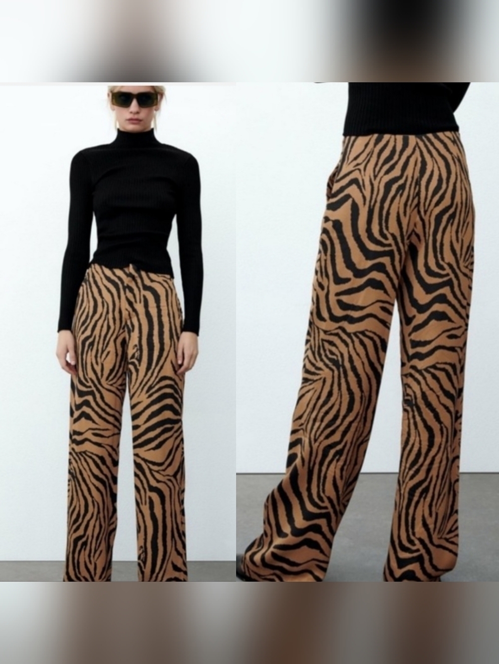 Zara Womens High-Waist Wide-Leg Zebra Print Pants in Brown/Black XS